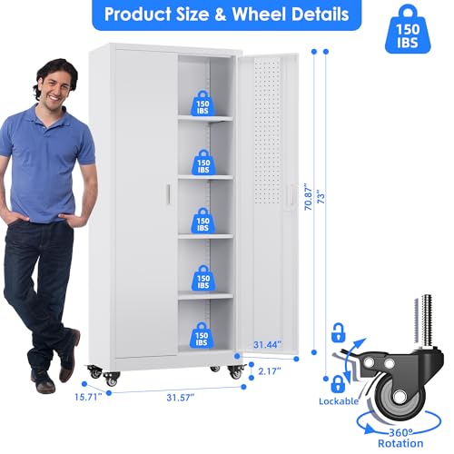 Garage Storage Cabinet with Wheels & Pegboard, 72" H Locking Metal Storage Cabinet with Doors and 4 Adjustable Shelves for Garage Workshop Home