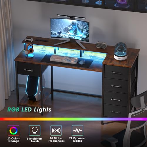 47 Inch Computer Gaming Desk with Power Outlets LED Lights Reversible Home Office with Adjustable Fabric Storage Drawers for Working Writing Study