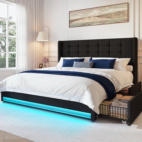 Queen Size LED Bed Frame with 4 Storage Drawers and Tufted Headboard Velvet Upholstered Platform Bed Frame Wingback Beds with Heavy Duty Wood Slats