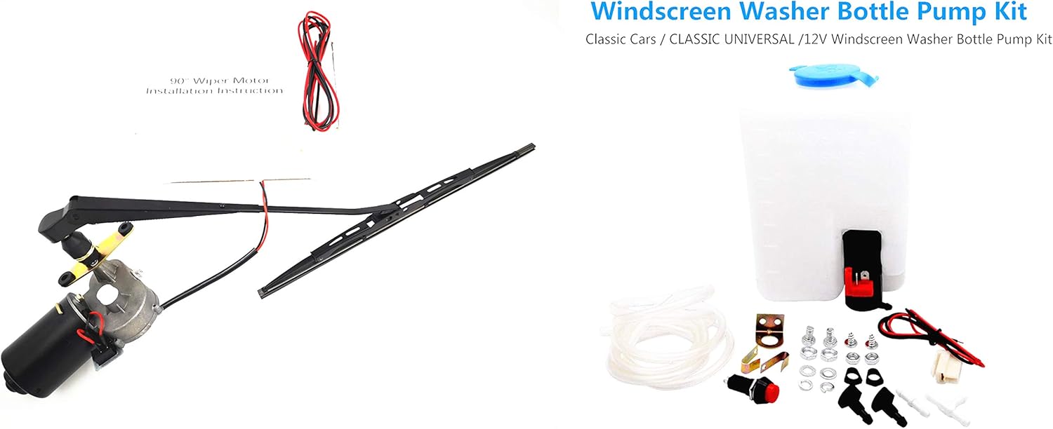 Universal 12V Electric Motor UTV Windshield Wiper Kit w/Windshield Washer Pump Kit Fit Hard Coated or Glass Windshields Polaris RZR Ranger etc.