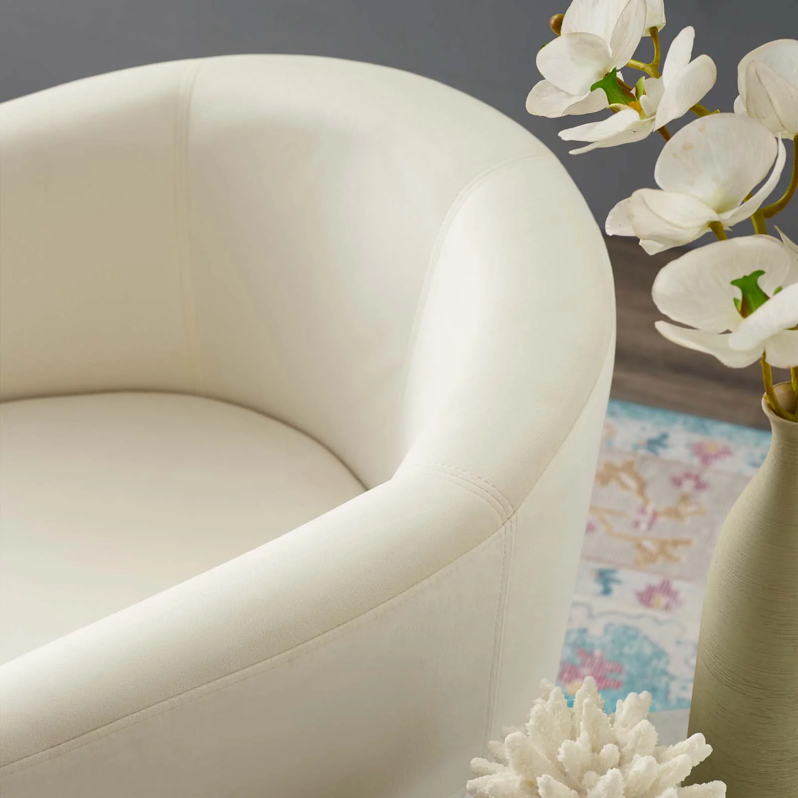 Contemporary Modern Urban Designer Living Room Lounge Club Lobby Armchair Accent Chair and Ottoman, Velvet Fabric, Ivory White