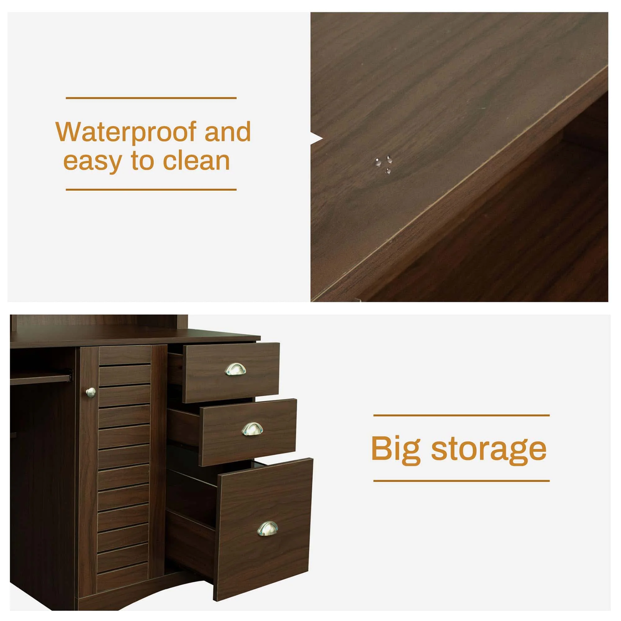 Momspeace Home Office Computer Desk with Hutch, 3 Drawers, Study Table, Keyboard Tray, Walnut