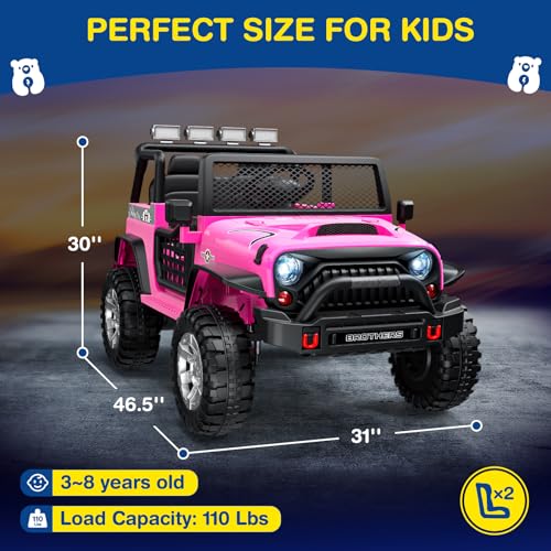 L8 2 Seater Ride On Car, 12V Kids Electric Car w/Remote Control, 4-Wheel Suspension, Bluetooth Speaker, Multi Music Modes, 3 Speeds, LED Lights