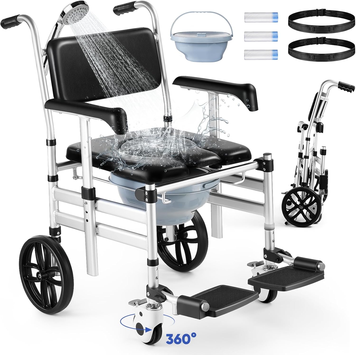 Foldable Shower Chair with Wheels, Hybodies 3 in 1 Multifunctional Aluminum Shower Wheel, Transport Chair, Commode