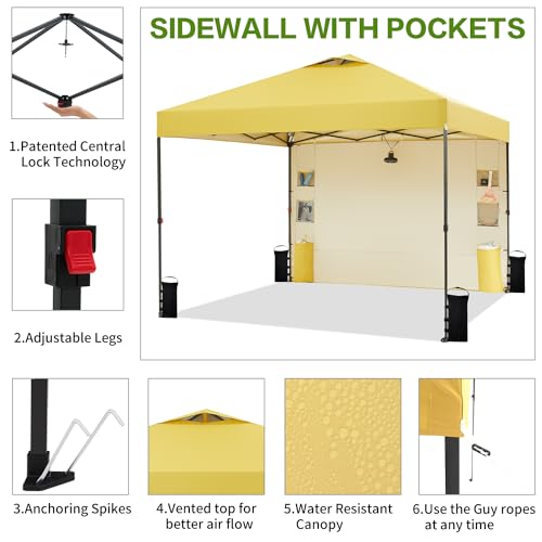 10'x10' Pop Up Canopy Tent with 1 Sidewall and 6 Pockets, One Push Setup, Instant Shade Tent with Vented Roof for Beach Patio Outdoor, Case, 8 Stakes