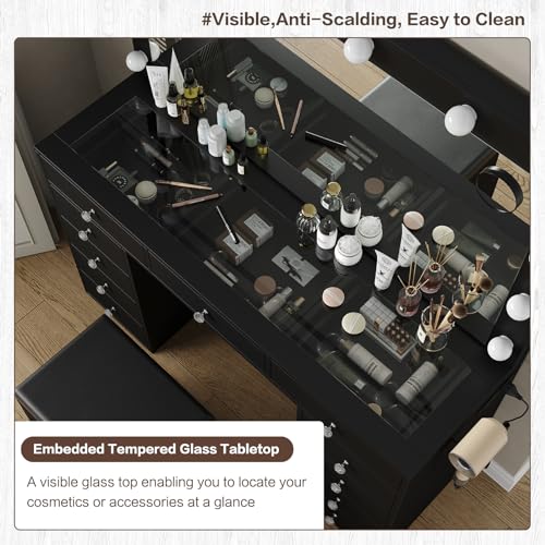 Vanity Desk & Power Outl, Makeup Vanity with Mirror and 12 LED Lights, Makeup Table with 11 Drawers, Vanity Table with Chair