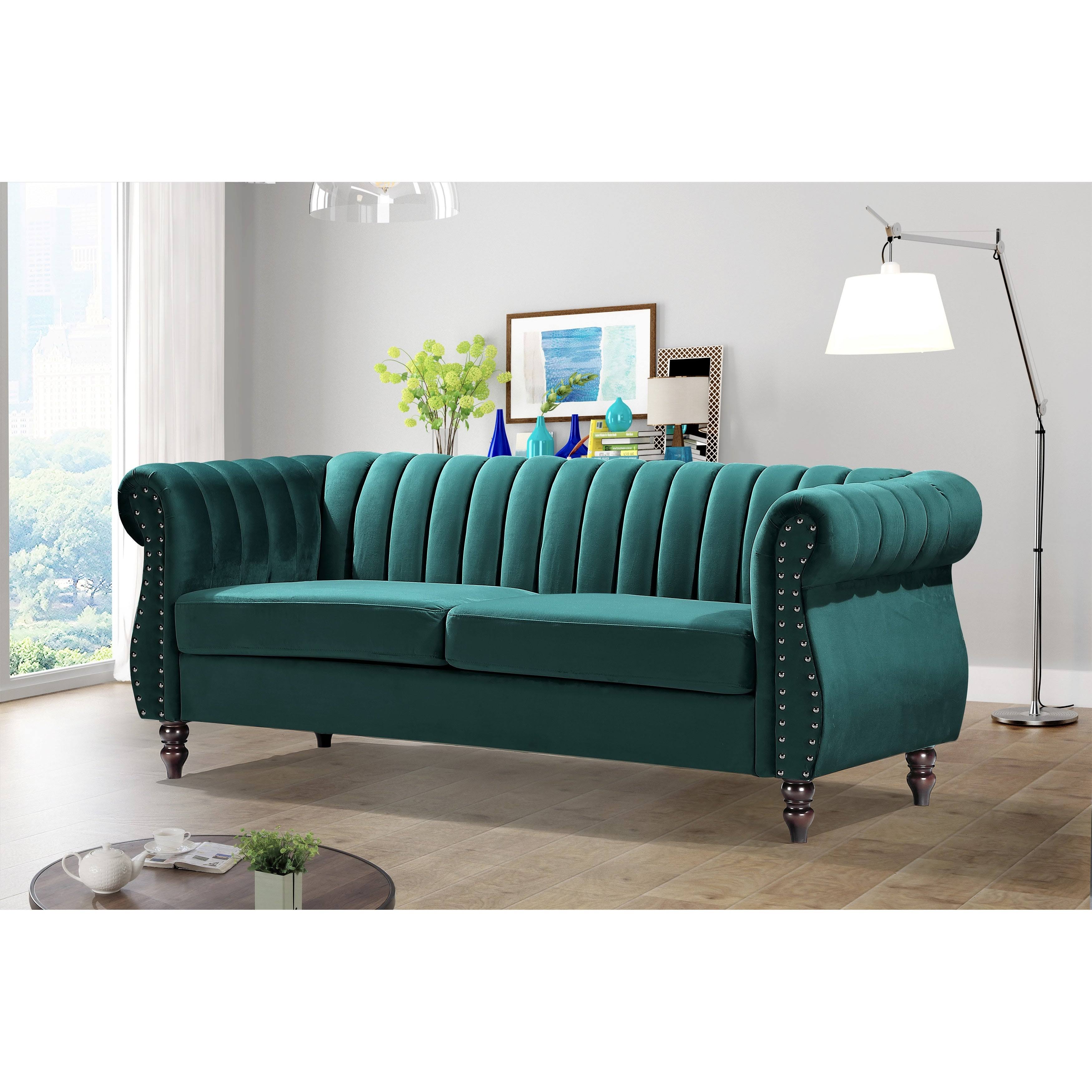 Charlot Velvet Chesterfield Rolled Arm Sofa - Dark Blue