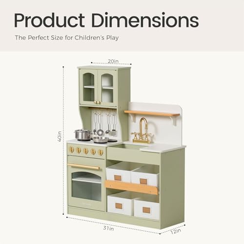 Tiny Land Play Kitchen for Kids with Enhanced Storage – Modern Toddler Kitchen Playset with Stove, Sink & Accessories, Organized Wooden Toy Kitchen