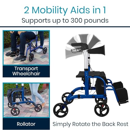 Vive 2 in 1 Rollator Transport Wheelchair Walker for Seniors - Lightweight, Foldable, Medical 4 Wheel Chair Combo with Seat