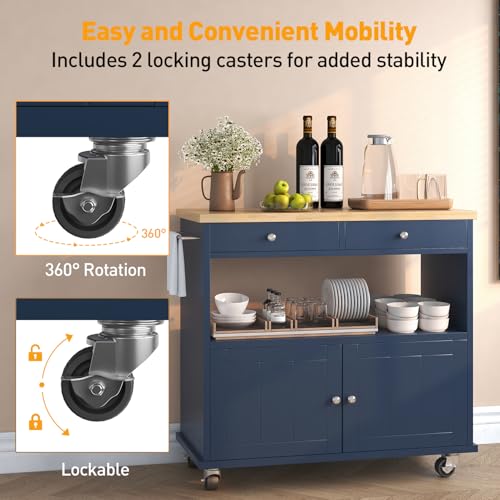 Rolling Kitchen Island with Storage Cabinet, 35.4'' Width Kitchen Cart, 2 Drawers Island Table, Portable Mobile Kitchen Island with Towel Rack