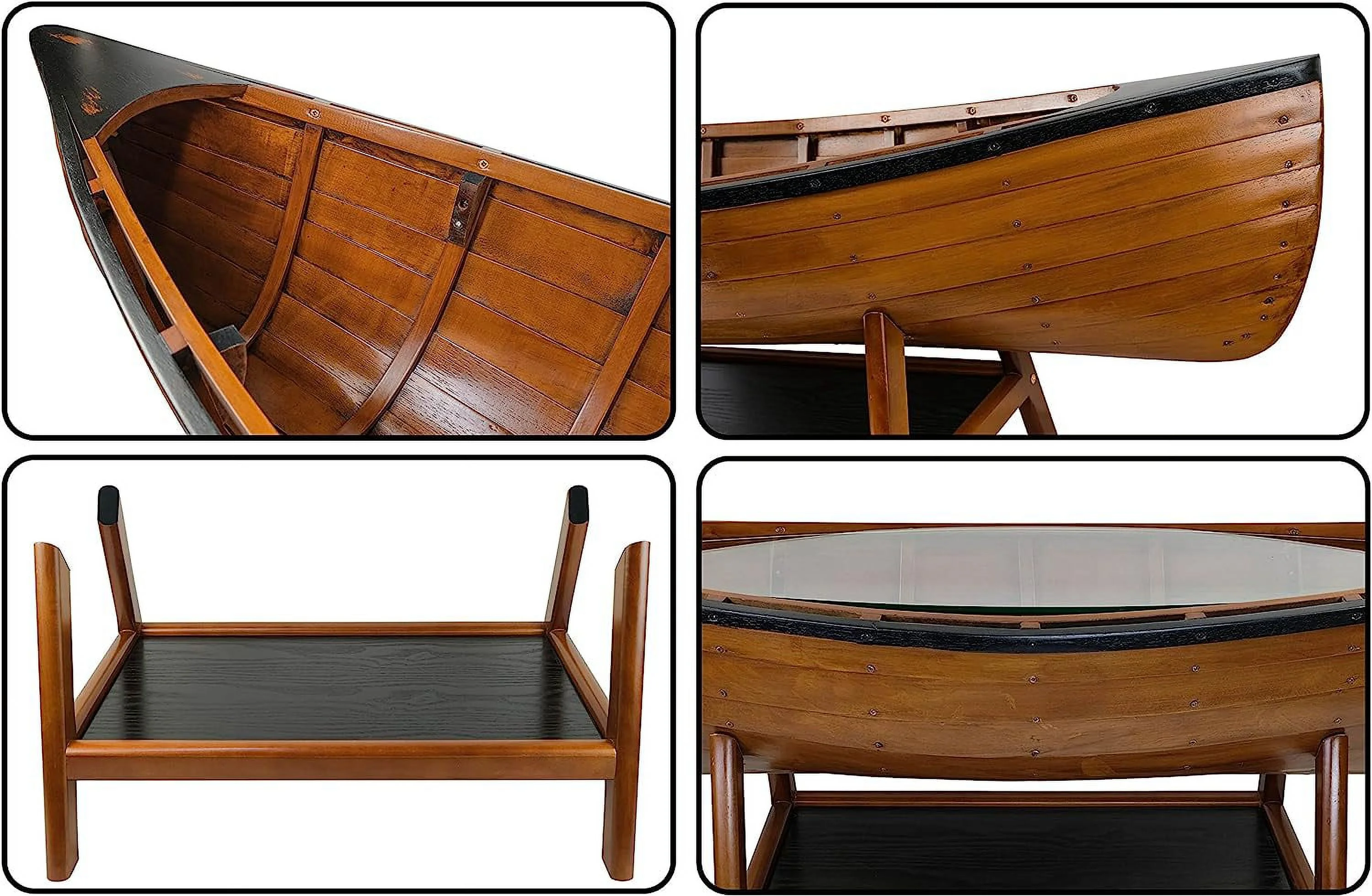 SAILINGSTORY Wooden Boat Canoe Coffee Table Lake House Decor Nautical Coastal Coffee Table Side Table Antique Honey Finish