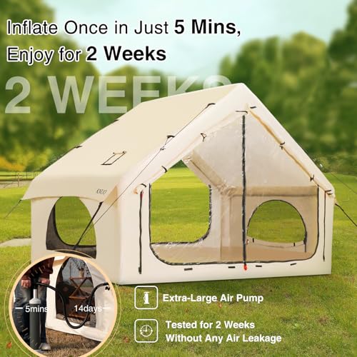 2025 Upgraded Waterproof Inflatable Camping Tent, Large Blow-Up Air Tent, No Assembly Needed Luxury Glamping House, Oxford Fabric