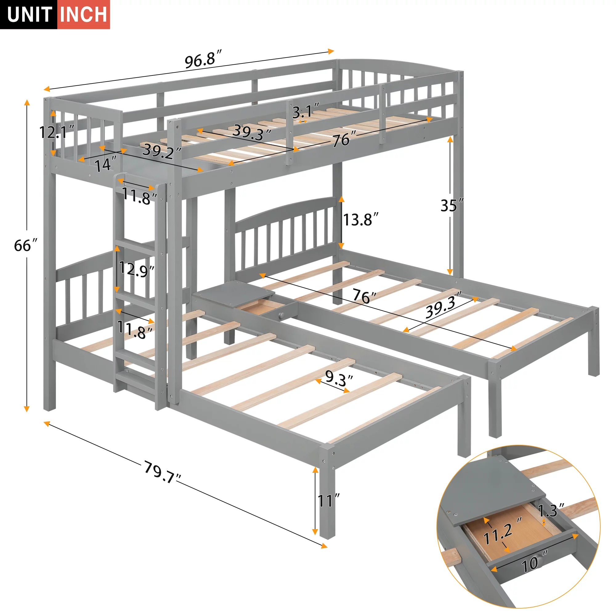 Churanty Triple Bunk Beds 3 Twin Solid Wood Bunk Beds with Guardrail and Ladder