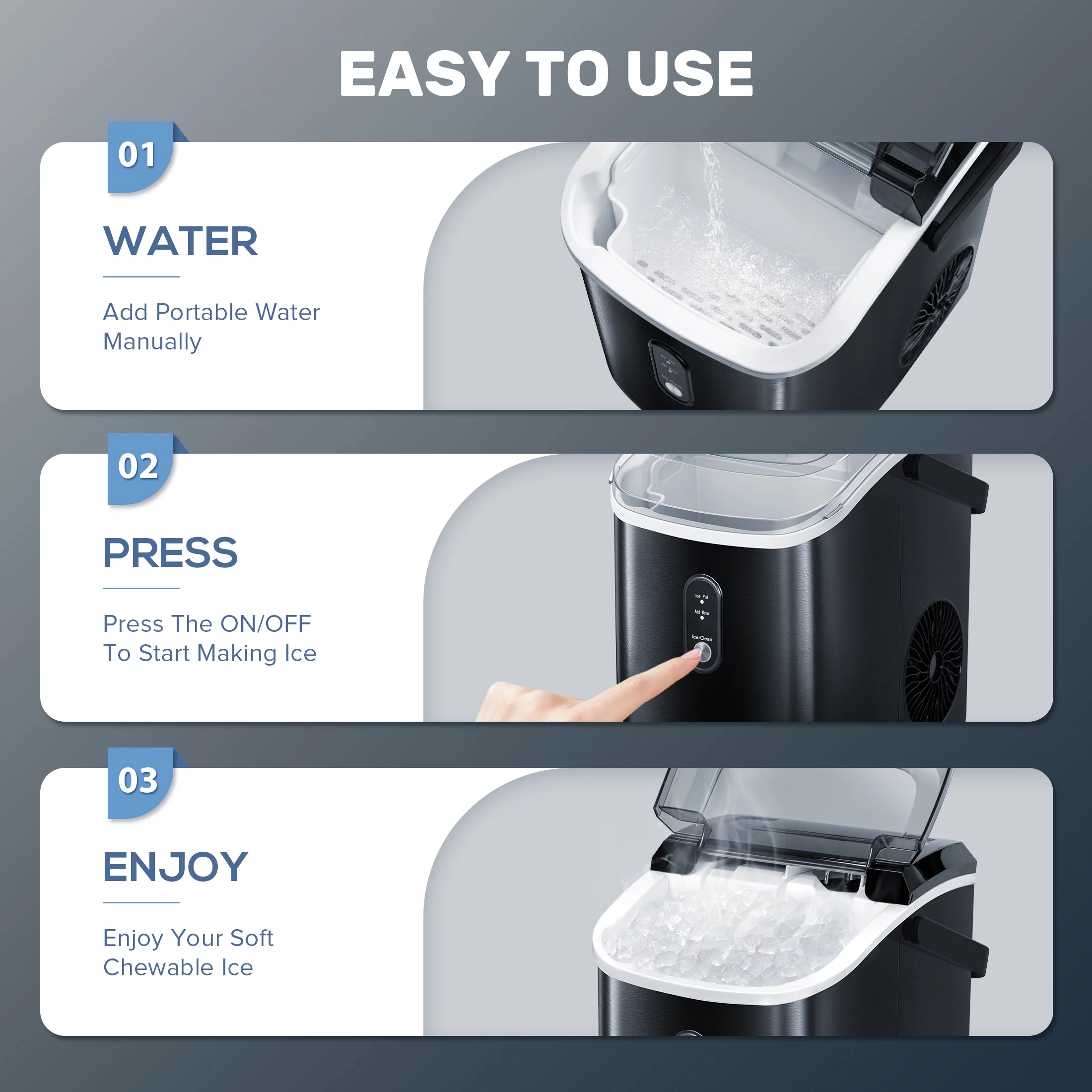 Auseo Nugget Ice Maker Countertop with Soft Chewable Pellet Ice, 33lbs/24H, Self-Cleaning Function, Stainless Steel, for Party/Kitchen/Office-Black