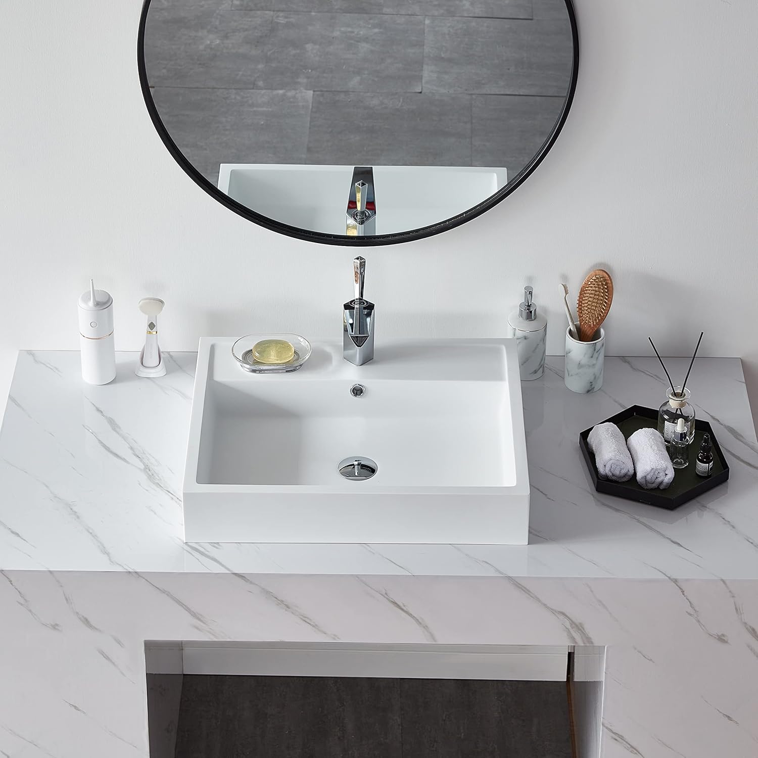 24"X19" Rectangle Vessel Sink with Faucet Hole,Matte White Bathroom Art Sink Above Counter with Overflow