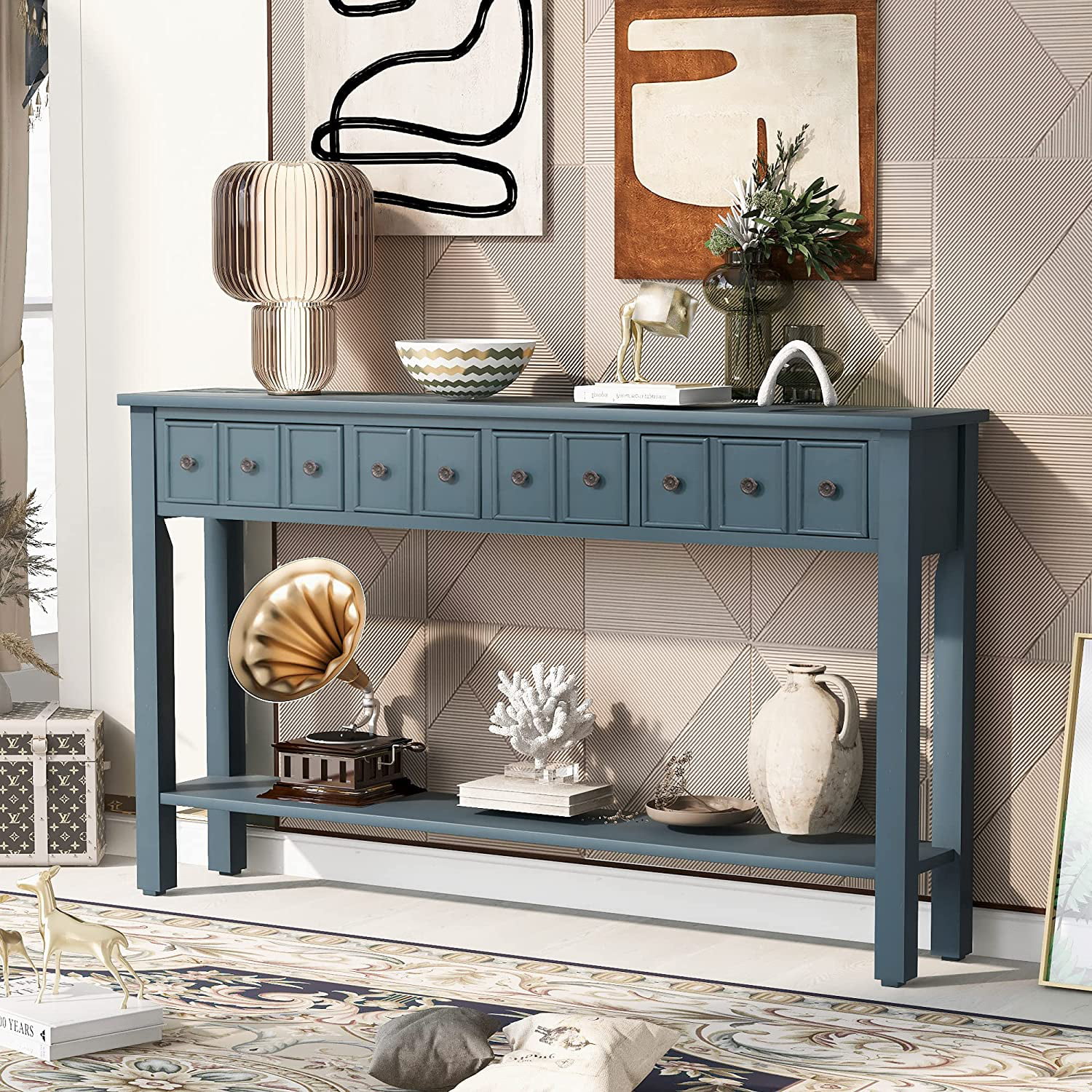 Console Table  Rustic Entryway Table  60" Long Sofa Table with 2 Different Size Drawers and Bottom Shelf for   Navy