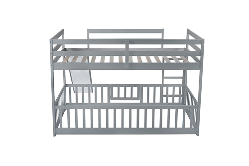 Full-Over-Full Castle Style Bunk Bed with 2 Drawers and 3 Shelves, Wood Bunk Bed Frame with Slide and Storage Staircase for Kids Teens Boys Girls