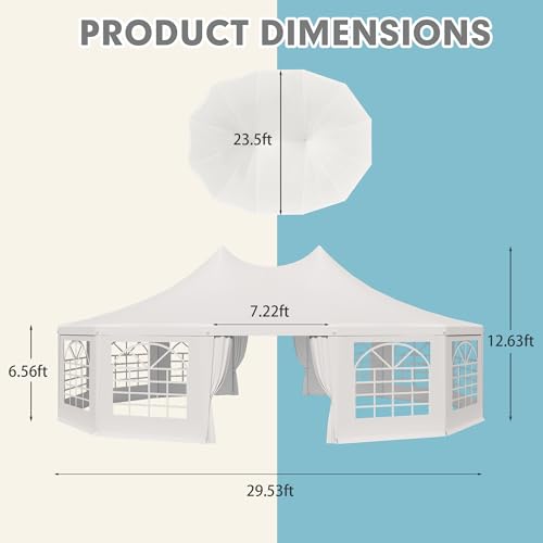 EROMMY 26x19ft Party Tent, White Wedding Tent, Decagonal Heavy Duty Canopy with 8 Removable Sidewalls, 8 Church Windows and 2 Pull-Back Doors