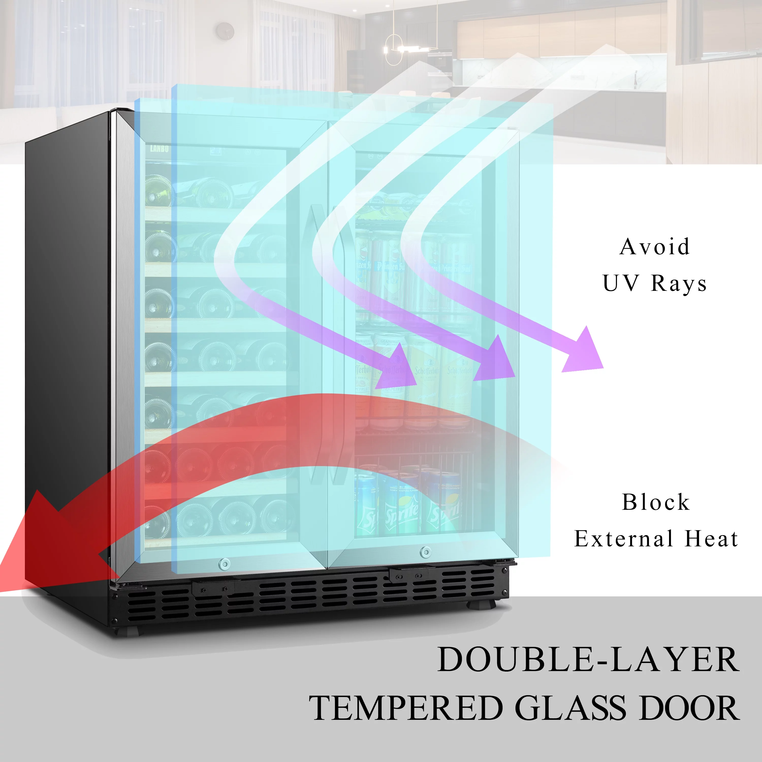 Lanbo 70 Can 33 Bottle Under Counter Dual Zone Wine Refrigerator and Beverage Cooler 30 inch Width