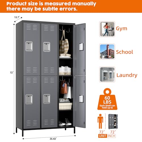6 Door Metal Storage Locker 18 Hooks,Metal Locker for Employees with Lock for School Garage Office Gym Bedroom,Assembly Required