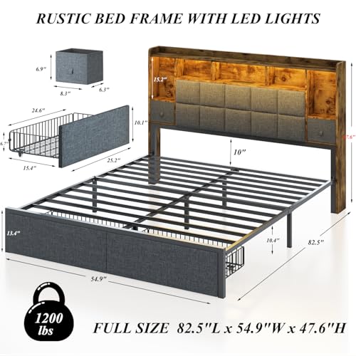 LED Bed Frame Full Size with Bookshelf Headboard, 2 Hidden Storage Drawers, Upholstered Platform Metal Bed Frame with Charging Station