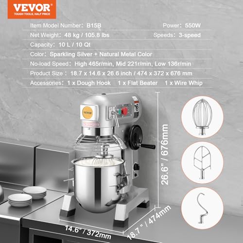 VEVOR Commercial Mixer, Commercial Food Mixer 10Qt Stainless Steel Bowl, 450W Commercial Stand Mixer with 3 Speeds Adjustable