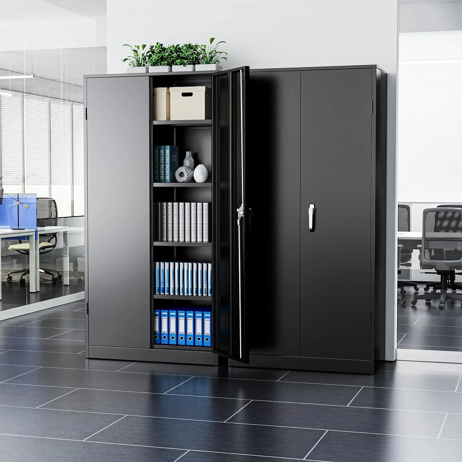 72" Storage Cabinet with Doors and Shelves, Metal Storage Cabinets with Lock,Lockable Steel Supply Cabinet,for Home Office Garage Warehouse,Black