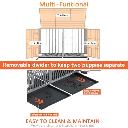 aboxoo 42/48 inch Heavy Duty Metal Dog Crate for 2 Dogs/Large Dog,All Metal Open Top,Dog Kennel Indoor with Wheels,Floor Grid, Tray