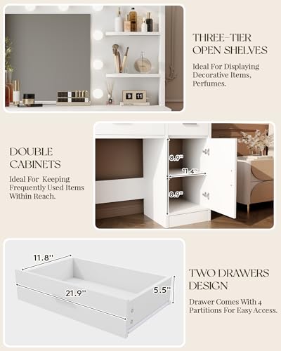 Vanity Desk with Mirror and Lights, Makeup Vanity with Drawer & Storage Shelves, Cabinet, 3 Lighting Modes Adjustable Brightness