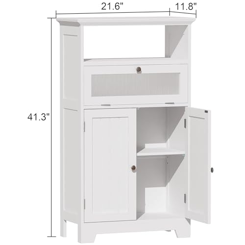ChooChoo Bathroom Floor Storage Cabinet with Flip Glass Drawer, Freestanding with 2 Doors, Adjustable Shelf & 1 Open Storage for Living Room, Hallway