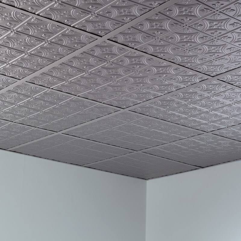Fasade Traditional Style/Pattern 1 Decorative Vinyl 2ft x 2ft Lay in Ceiling Tile in Argent Silver (5 Pack)