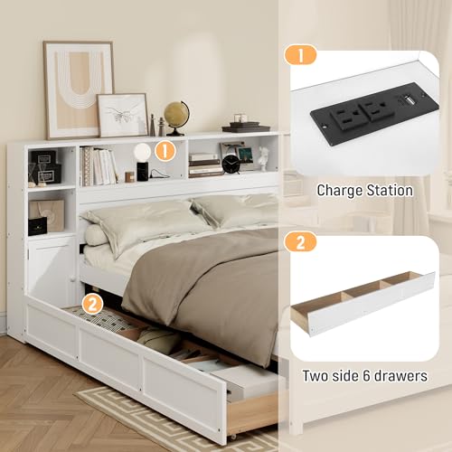 SOFTSEA Twin Size Captains Bed with 6 Storage Drawers and Bookcase Headboard, Wood Twin Storage Platform Bed with USB Ports