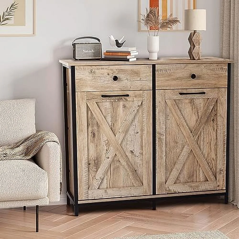 TJUNBOLIFE Double Barn Door Style Trash Cabinet  Double Tilt Out Trash Cabinet with Solid Hideaway Drawer Rustic Kitchen Trash Cabinet Free Standing