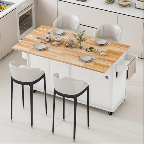 67’’ Movable Kitchen Island with Drop Leaf and Power Outlet, Lockable Sliding Countertop Rolling Island Cart with 2 Large Drawers, Spice, Towel Rack