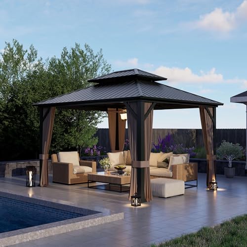 10'x12' Hardtop Gazebo, Double-Layer Galvanized Steel Roof Gazebo, All-Season Aluminum Frame Pavilion with Privacy Curtains and Netting for Patio