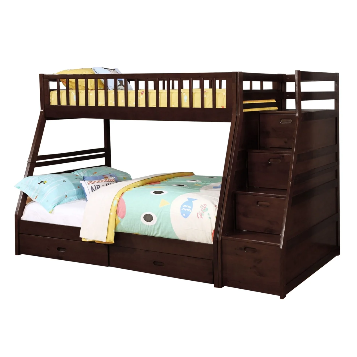 2 Drawer Wooden Twin Over Full Bunk Bed with Storage Staircase, Brown- Saltoro Sherpi