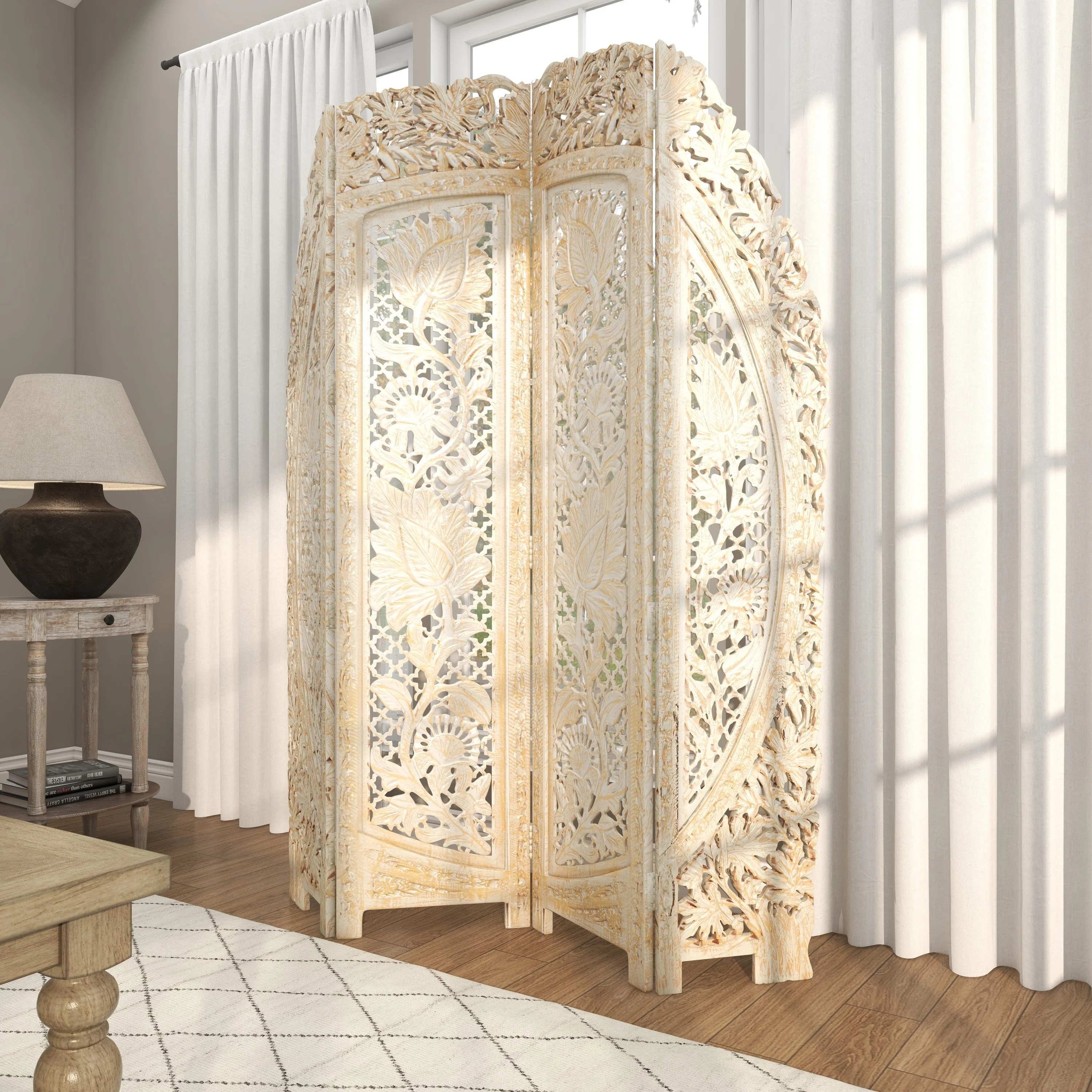 DecMode 60" x 72" White Wood Floral Handmade Foldable Arched Partition 4 Panel Room Divider Screen with Intricately Carved Designs, 1-Piece