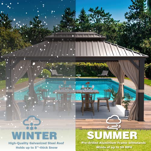 MELLCOM 10'x13' Hardtop Gazebo with Polycarbonate Double Roof, Aluminum Frame Outdoor Gazebo Permanent Pavilion with Curtains and Netting for Patio