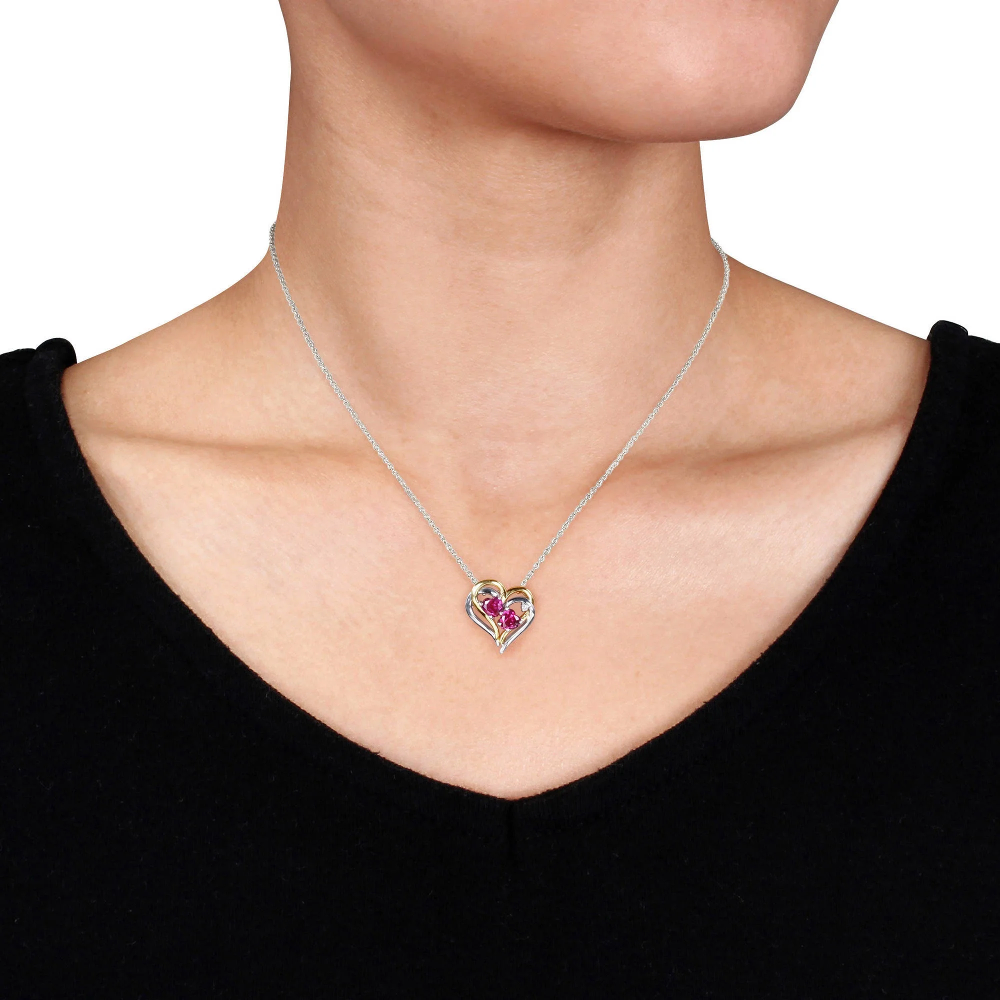 Everly Women's 1 1/6 Carat T.G.W. Heart-Cut Created Ruby & Round-Cut Diamond Accent T.W.-Tone Silver Double Heart Pendant with Chain with Shared