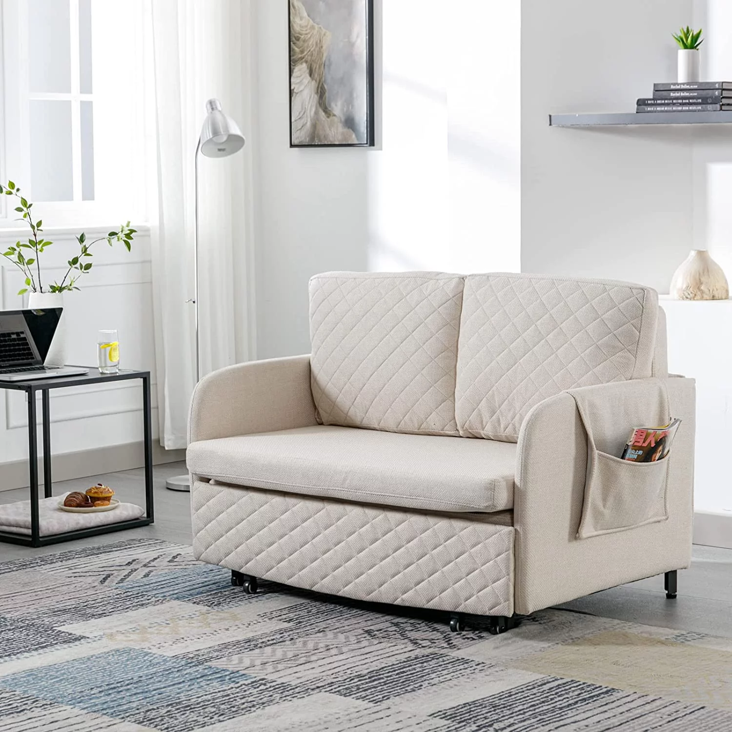 Tabaray Mini Pull Out Couch Bed,Twin Sleeper Sofa with Storage Barcket and Side Pocket,Love sSeats for Living Room,Bedroom,Office