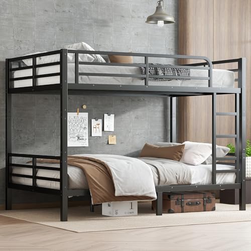 Heavy Duty Bunk Bed Frame with Ladder, Twin XL Over Twin XL Bunk Beds with Safety Guardrails, Adults Bunk Beds with Noise-Reducing Rubber Stoppers