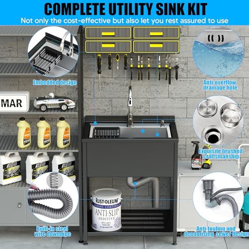 Stainless Steel Utility Sink, 30.8" × 22" × 39.5"Freestanding Sink with Cold and Hot Water Faucet,Hoses and Drain Kit for Kitchens, Bathrooms, Garage
