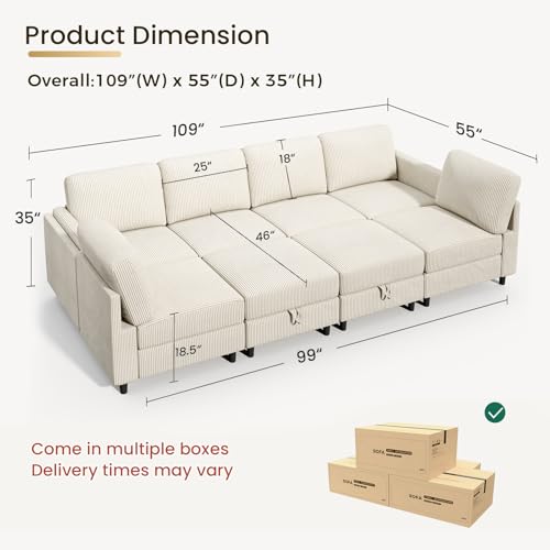 KKL Modular Sectional Sofa Bed with Storage Ottoman, Convertible L/U-Shaped Sleeper Couch for Living Room, Modern Reversible Design, Beige