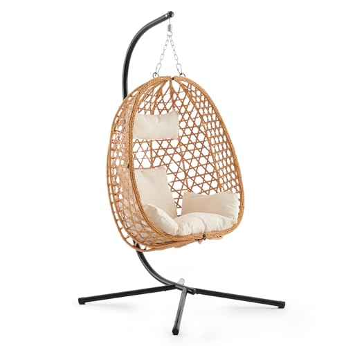 Outdoor Hanging Egg Chair, Patio Wicker Swing Chair with Stand and Cushion, Wider Basket Seating
