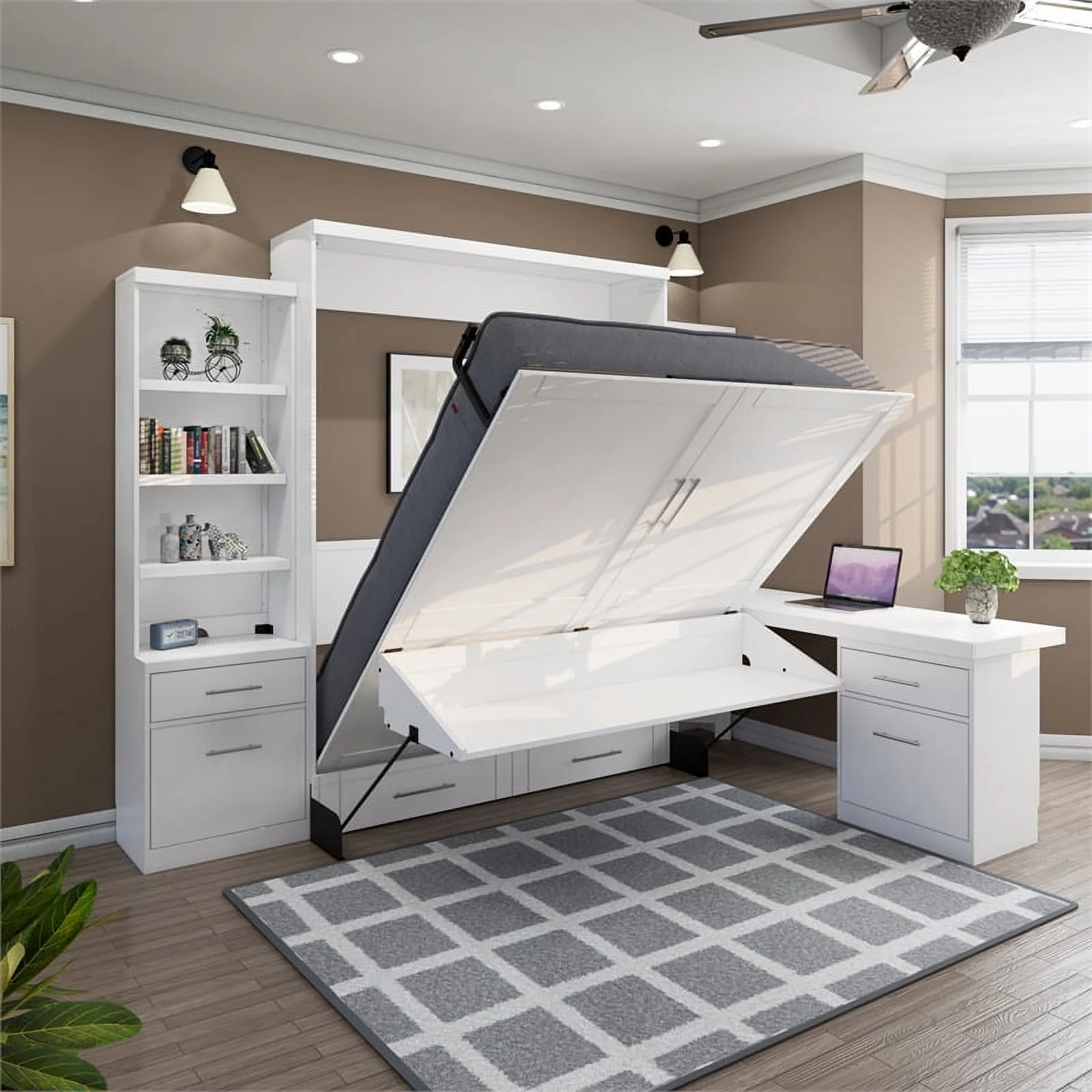 RoomAndLoft Queen Wood Murphy Wall Desk Bed & 2 Shelf Storage Units in White