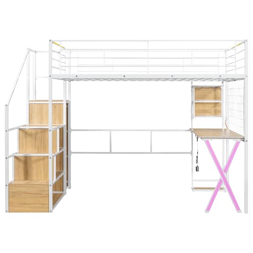 Modern Full Size Gaming Loft Bed with Built-in Desk and Storage Wardrobe, Wood Loft Bed Frame with Light Strip and 2 Drawers