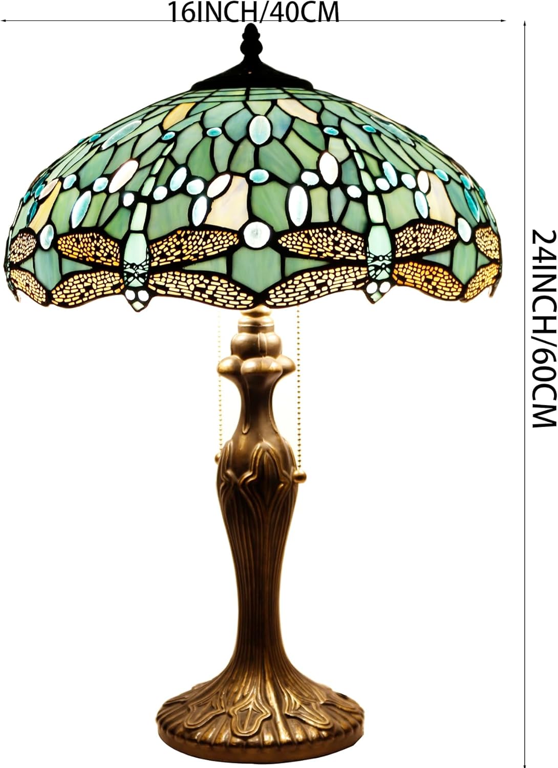 WERFACTORY Tiffany Lamp Sea Blue Stained Glass Bedside Table Lamp Dragonfly Style Desk Reading Light Metal Base 16X16X24 Inches Decor Bedroom Living