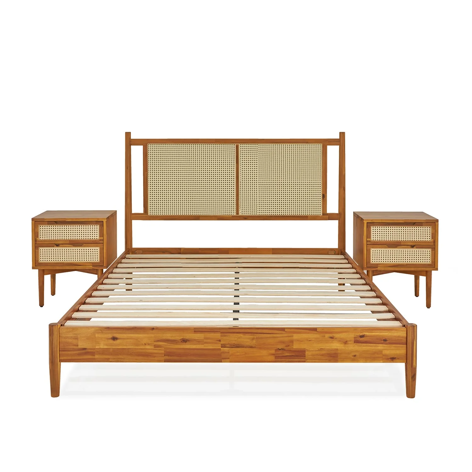 BME Asher 47" Queen Platform Bed Frame, Rattan Headboard, Mid Century and Boho, Solid Wood, Caramel