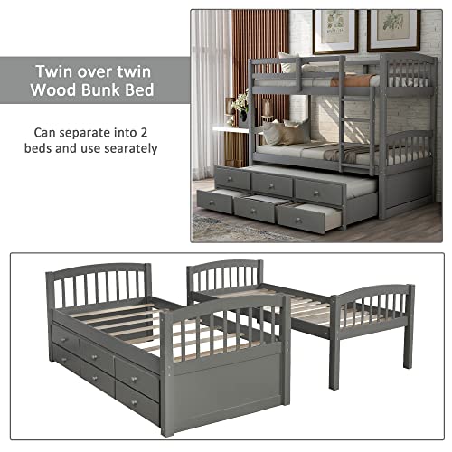 Harper & Bright Designs Twin Over Twin Bunk Bed with Storage Drawers, Solid Wood Bunk Bed Frame with Trundle, for Kids, Teens, Adults (Espresso)