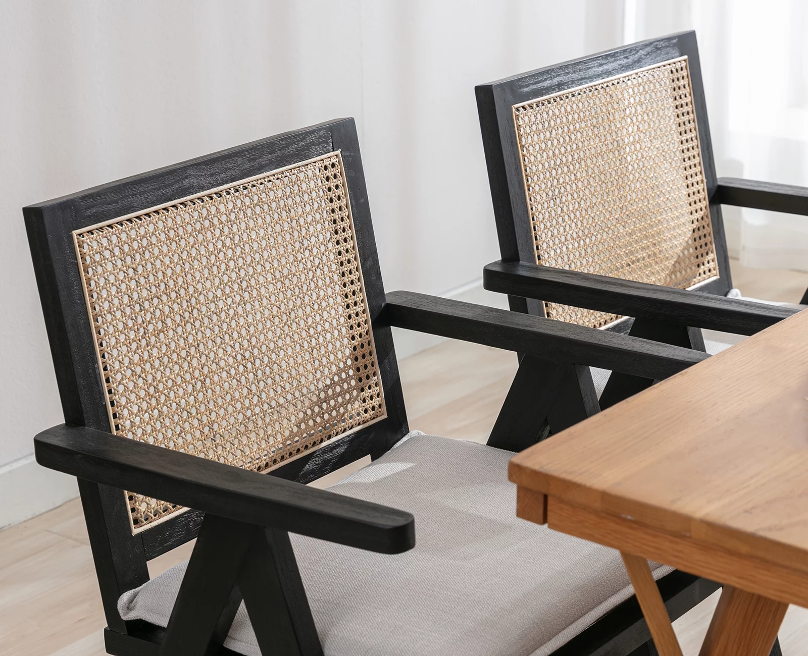 Guyou Modern Rattan Dining Chair Set of 2, Mid-century French Farmhouse Upholstered Solid Wood Armchair Reading Chair